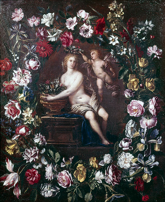 Anonimo — Autore non indicato - sec. XVII - Ghirlanda di fiori con figura femminile e putto (Allegoria della Primavera?) — insieme